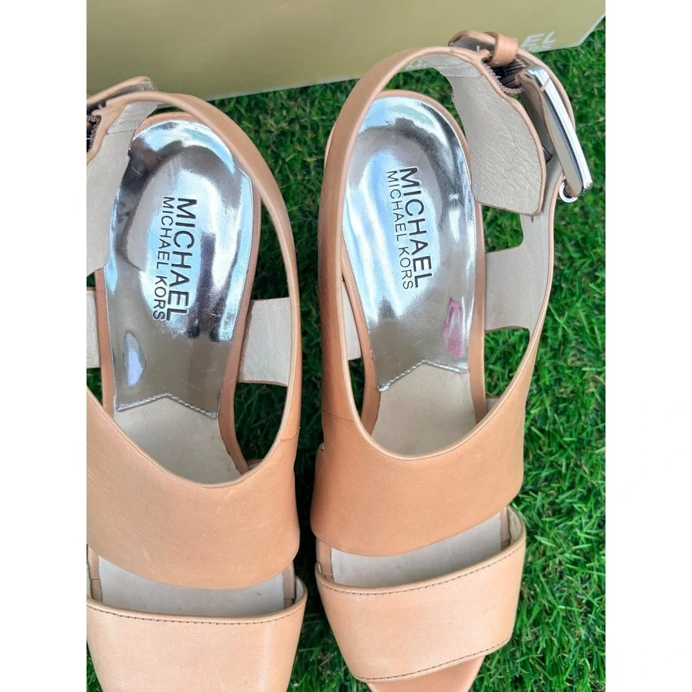Michael Kors Carla Platform‎ Sandals Taupe Leather Wood Heel 40S1CRHA2L Mens 7.5